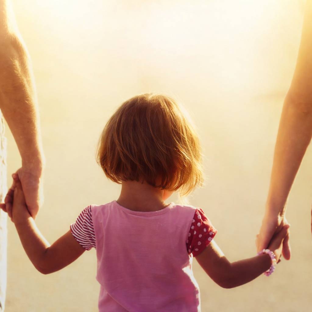 A young child holding the hands of two adults, walking together toward warm golden light.